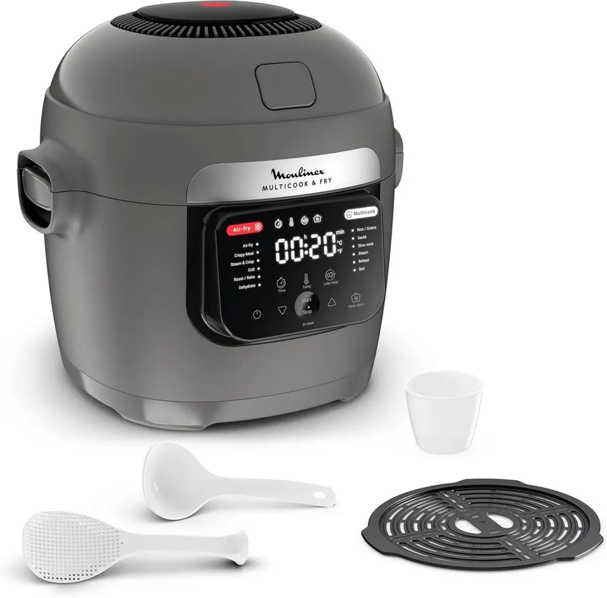 Moulinex 2-in-1 Multikocher und Airfryer, 12 Programme, 6L, Verzögerter Start, Doppelstöckiges Kochen, Hippo-Grau