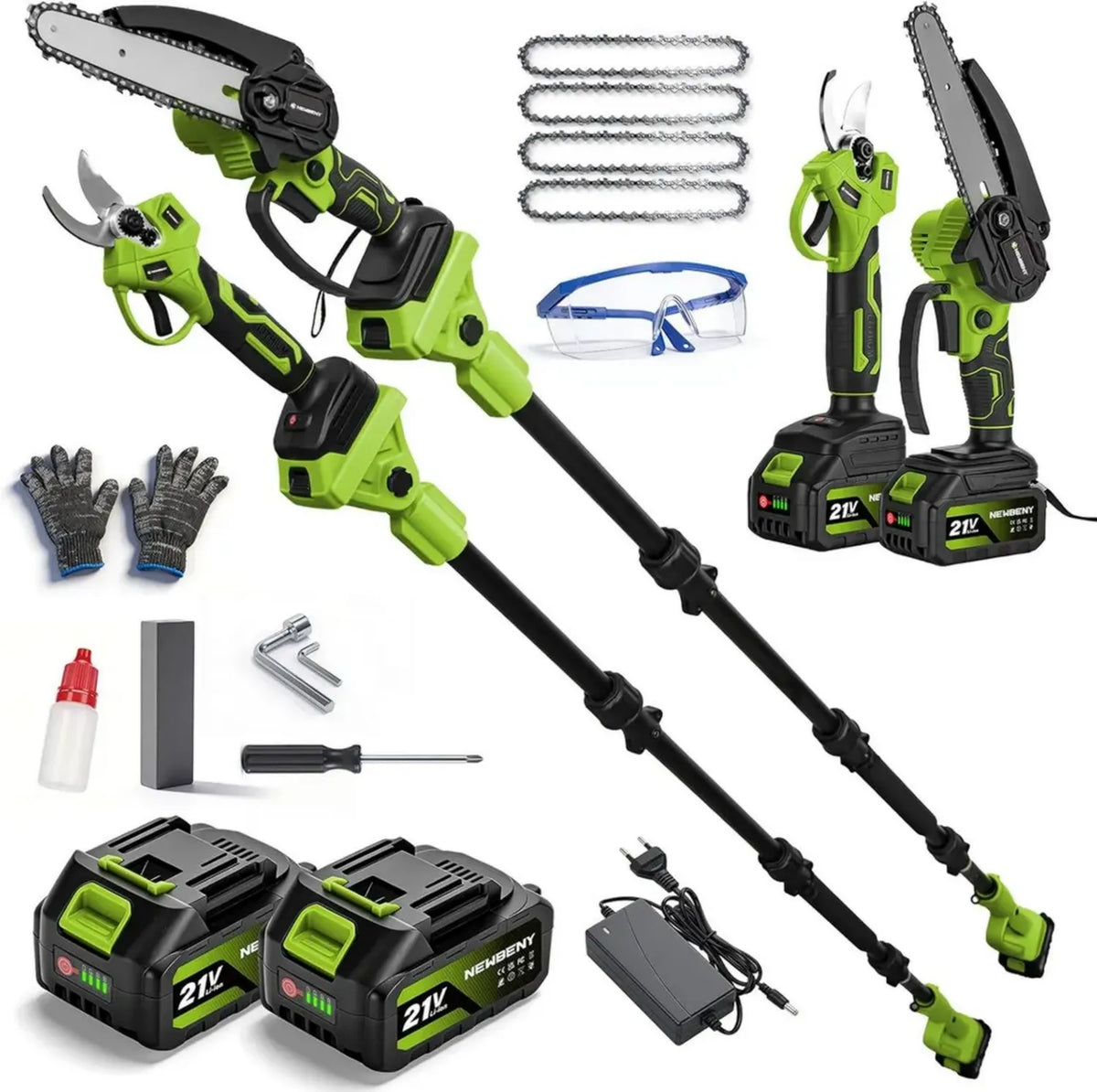 Elektrischer Hochentaster mit Akku, 180° verstellbare Kettensäge, 2x 3,0 Ah Batterien, Teleskopstange 2,4 m für präzises Schneiden