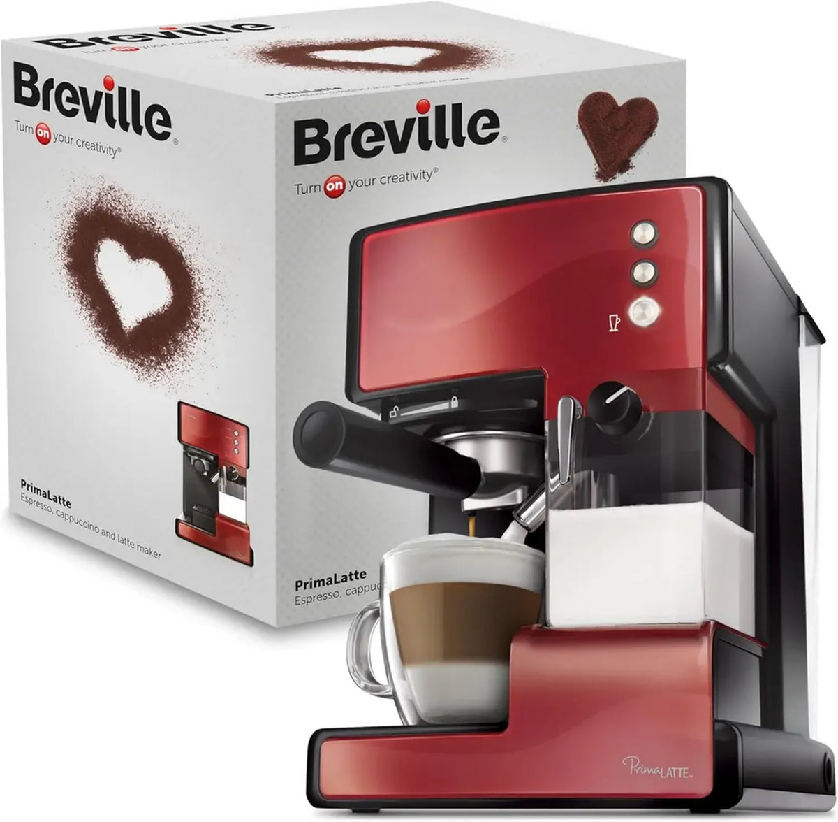 Breville PrimaLatte Espressomaschine mit 15-Bar-Pumpe, Automatischem Milchaufschäumer, für Kaffeepulver und Pads, Metallic/Rot
