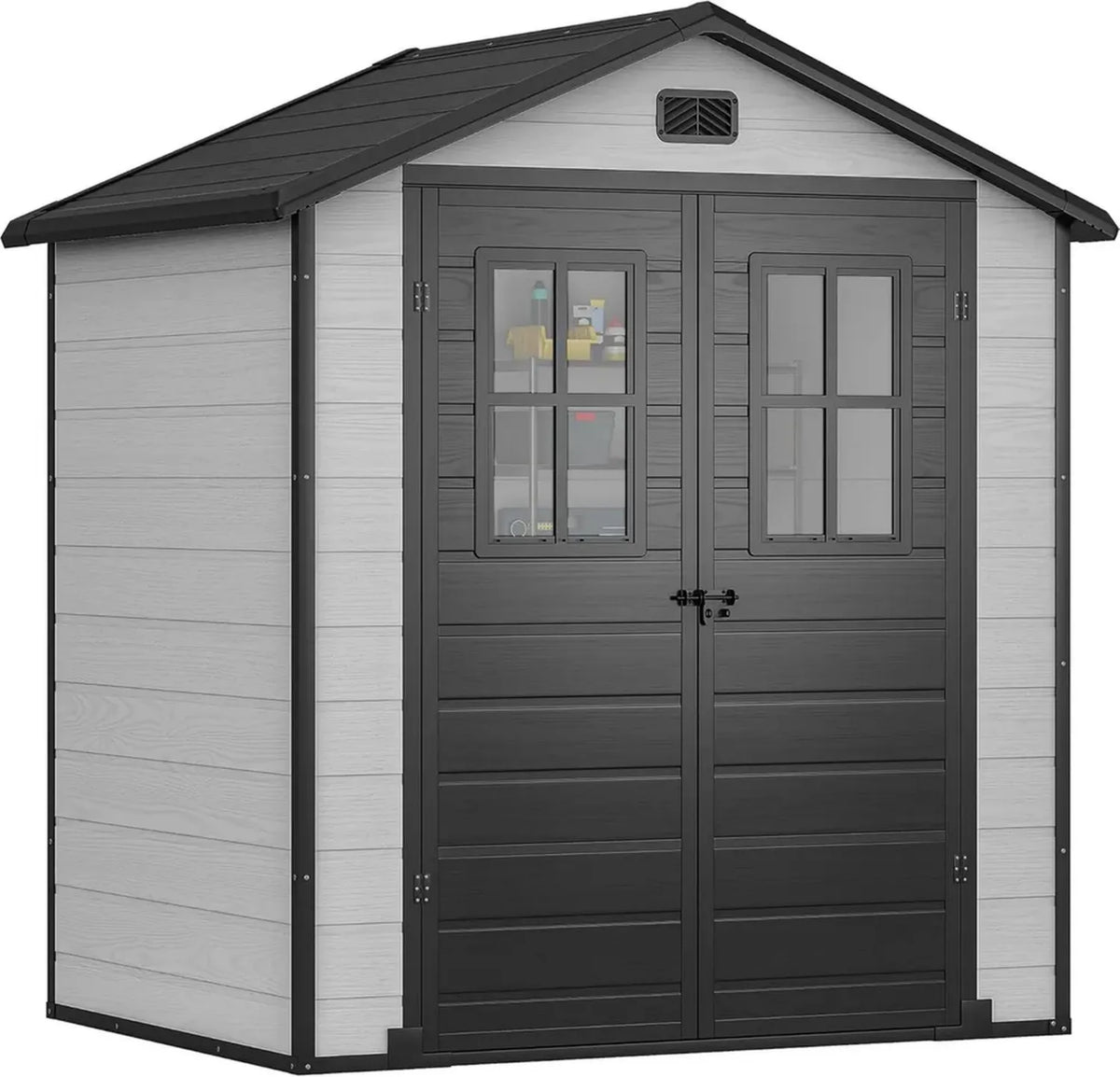 YITAHOME Robustes Gartenhaus aus Kunststoff 183x135x208 cm, Wetterbeständiger Aufbewahrungsschuppen mit abschließbaren Türen und Lüftung, Ideal für Werkzeuge und Fahrräder, Grau Schwarz