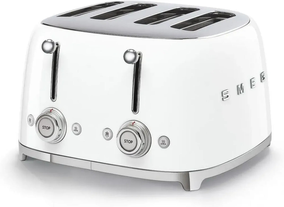 Smeg 4-Scheiben-Toaster TSF03WHEU, 6-stufig, Aufwärm-, Auftau- und Bagel-Funktion, 2 Krümelschubladen, 2000W, Weiß