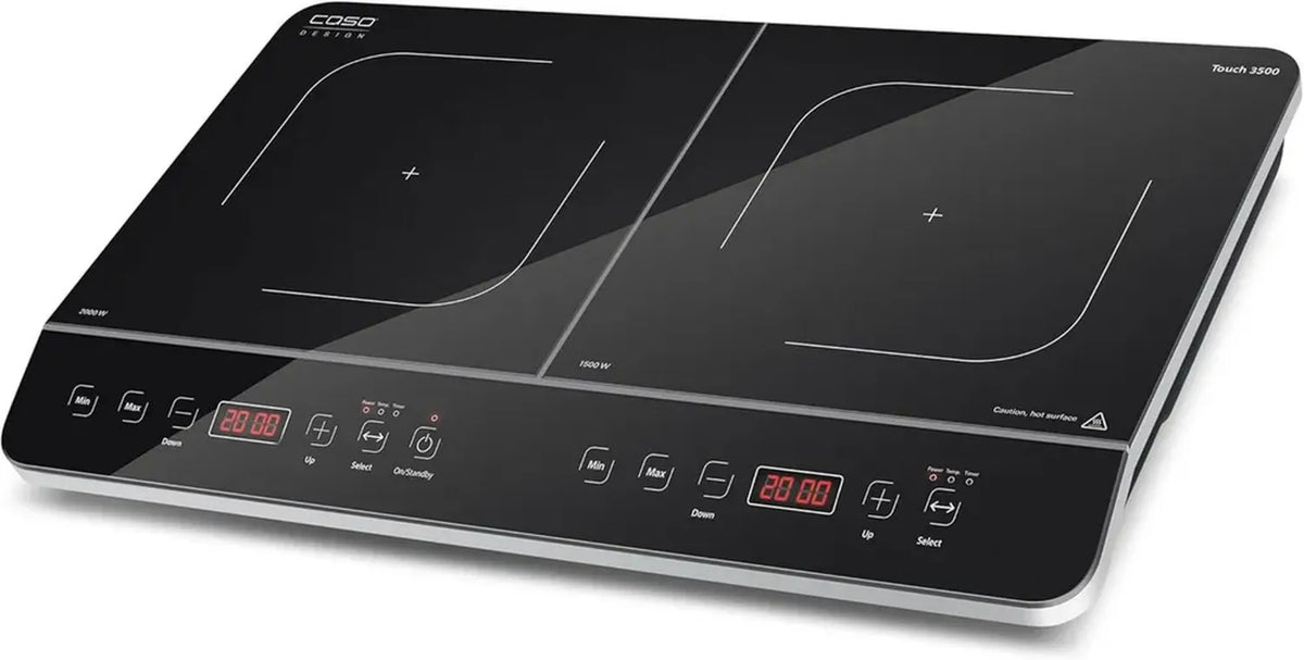 CASO Touch 3500 Doppel-Induktionskochfeld mit Sicherheitsschalter, 60-240°C, 6 Leistungsstufen, 180 Min. Timer, für Töpfe bis 26 cm, 3500 Watt, Glaskeramik