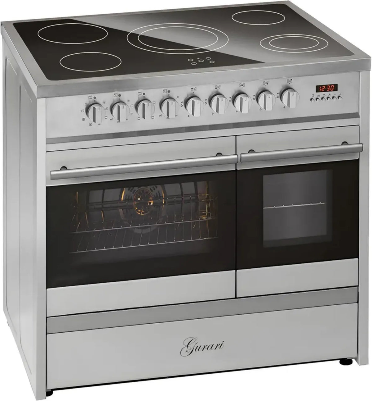 GURARI Elektro-Standherd 90 cm, Glaskeramik, Edelstahl, Doppelbackofen