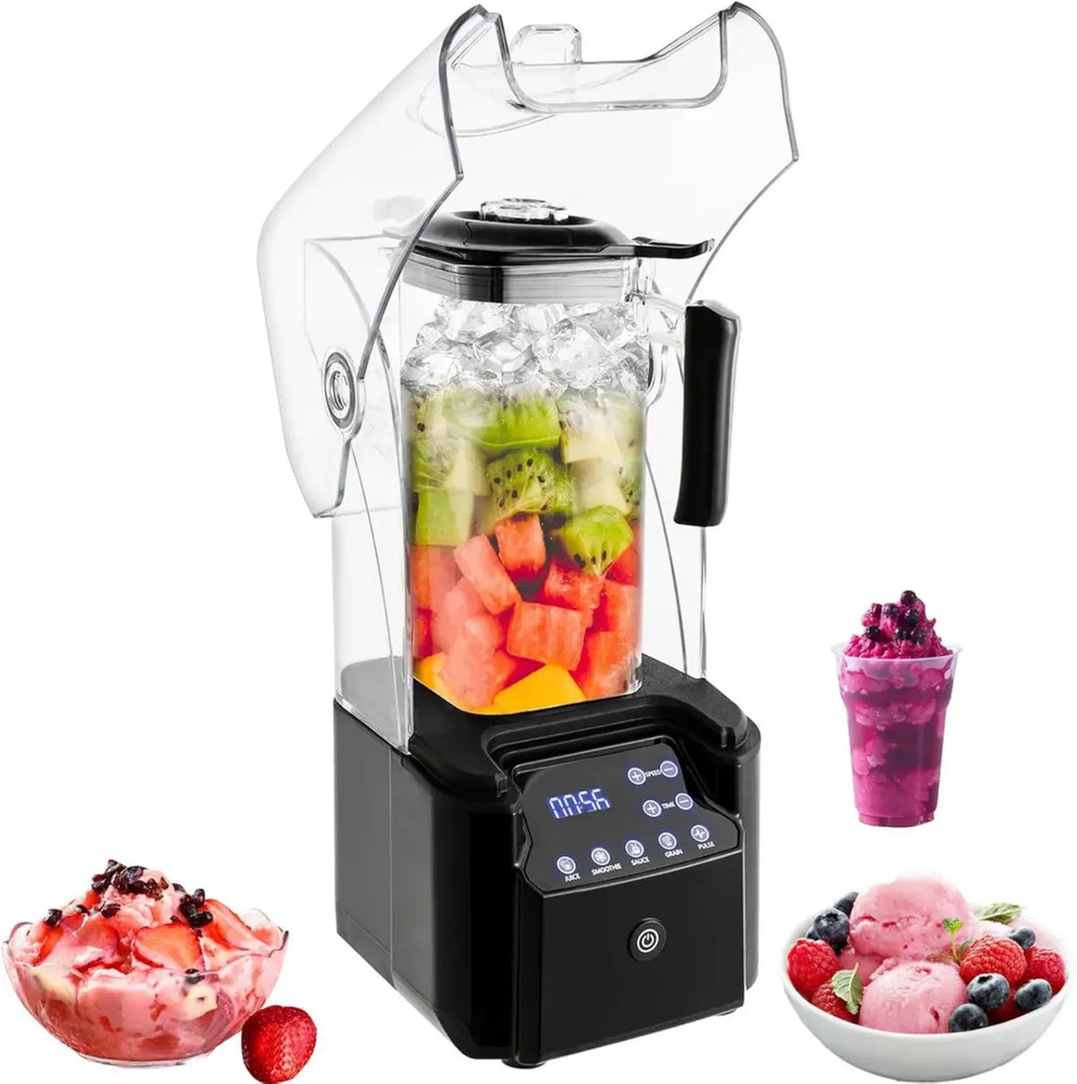 Leistungsstarker 2200W Standmixer mit Schallschutz, 2.2L Kapazität, 9 Geschwindigkeiten, einstellbarer Timer, ideal für Saft und Shakes