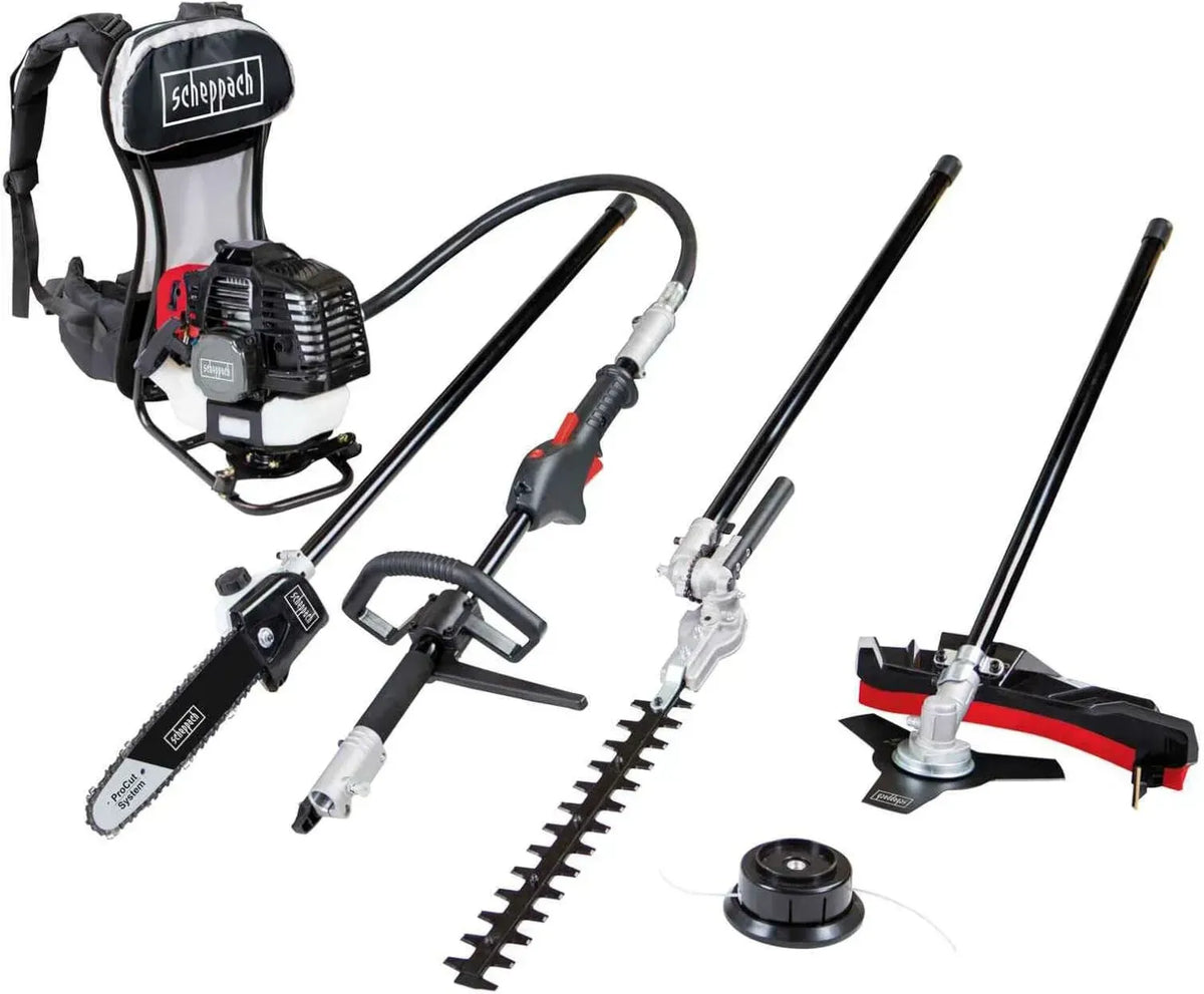 Scheppach 4-in-1 Benzin-Gartengerät MFH5300-4BP - Motorsense, Rasentrimmer, Heckenschere, Hochentaster mit 2-Takt-Motor, 51,7 cm³, 1300W, 1,8 PS