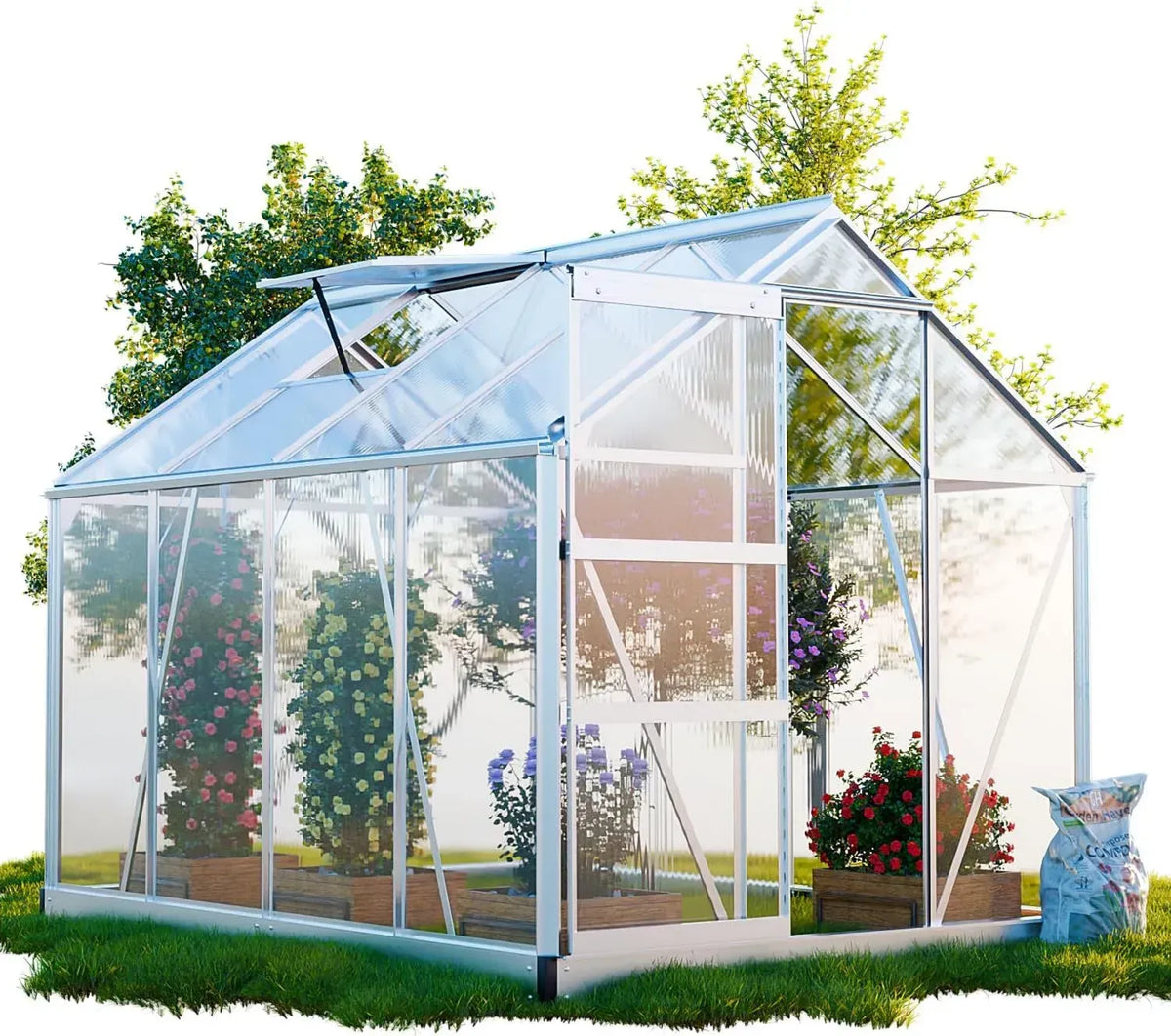 Aluminium-Gewächshaus 250x190cm mit Fundament, 2 Dachfenstern und UV-Schutz für Gartenpflanzen
