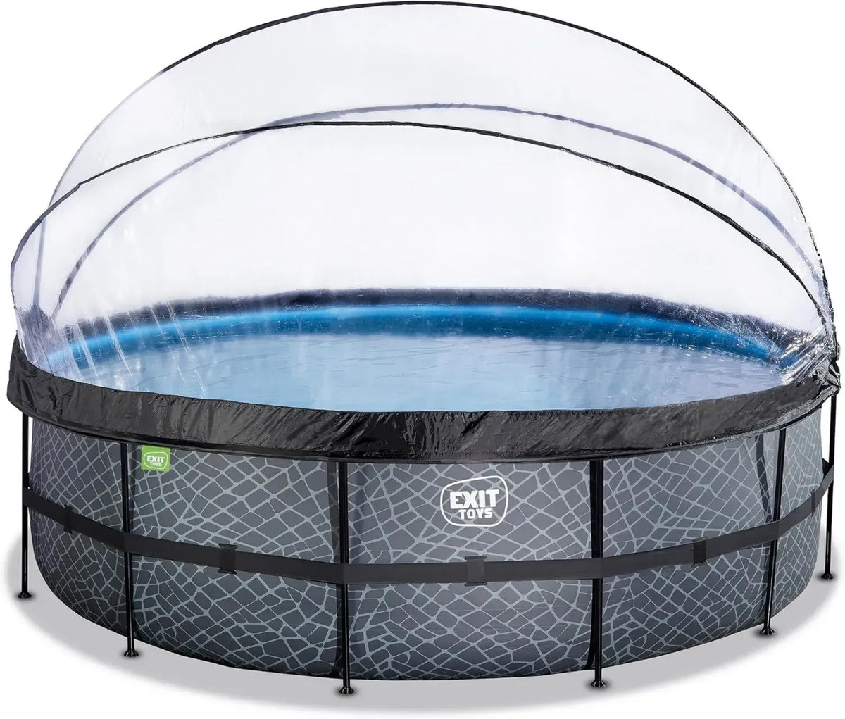 EXIT Toys Steinmuster Pool mit Multifunktionsabdeckung - Ø488x122cm - Großer Rundrahmenpool mit Sandfilterpumpe und Leiter - Extra tief für klares und warmes Wasser - Grau