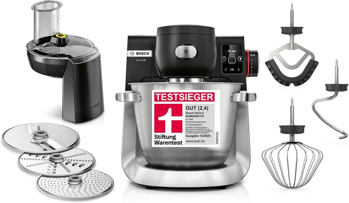 Bosch Küchenmaschine Serie 6 mit 7 Programmen, integrierter Waage, 5,5 Liter Schüssel, 1600 W Leistung, spülmaschinenfest, Zubehör inklusive, Silber/Schwarz
