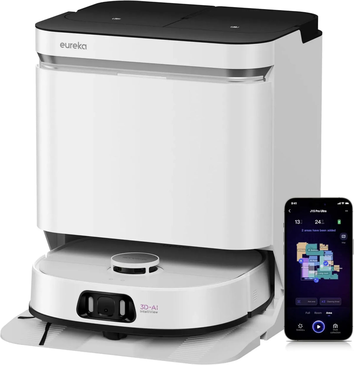 Eureka J15 Pro Ultra Staubsaugerroboter mit Wischfunktion, 16200 Pa Saugleistung, selbstreinigend, Anti-Verwickelung, Flüssigkeitserkennung & Bürstenhebung, 75°C Heißwasserreinigung, All-in-One-Station