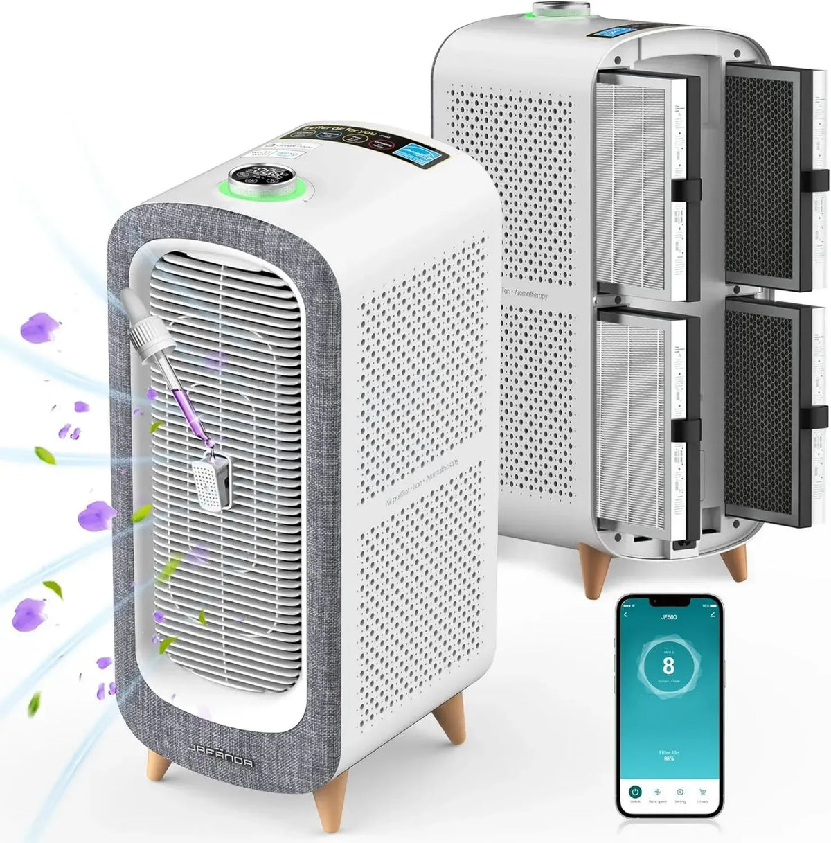 Jafända Luftreiniger mit HEPA-Filter, Aromatherapie & WLAN, CADR 460m³/h, für Allergiker & große Räume bis 240m², leiser Nachtmodus, Effektiv gegen Pollen & Tierhaare (Grau)