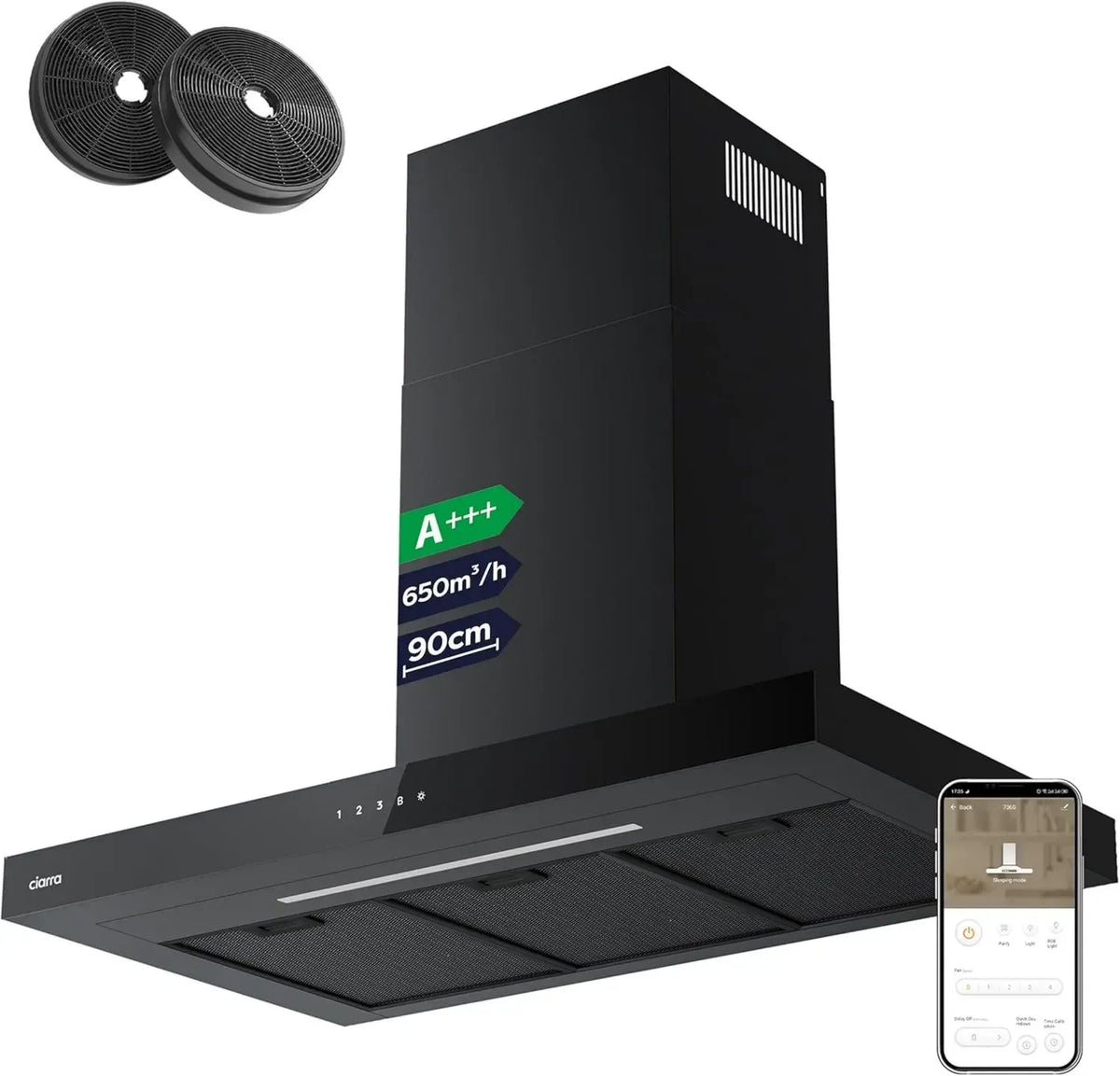 CIARRA 90cm Dunstabzugshaube Schwarz, App-gesteuert, Touch-Bedienung, 650m³/h, 3 Stufen, Wandmontage, inkl. Aktivkohlefilter