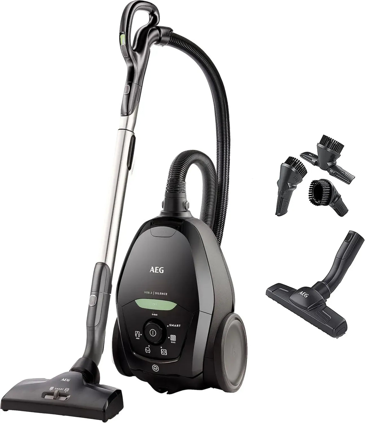 AEG Bodenstaubsauger mit Beutel, 75% Recyclingmaterial, Automatische Leistungsanpassung, Flüsterleise auf Teppich, Effiziente Partikelaufnahme, Extra langes Kabel, 600W, Schwarz, Modell VX82-1-ÖKO