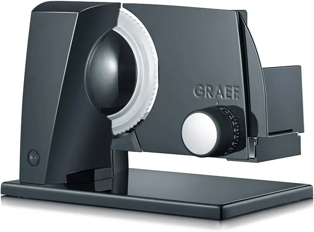 GRAEF Elektrischer Allesschneider SKS110, Rostfreies Wellenschliffmesser 170mm, Verstellbare Schnittstärke 0-20mm, Energiesparmotor, Kindersicherung, Schwarz