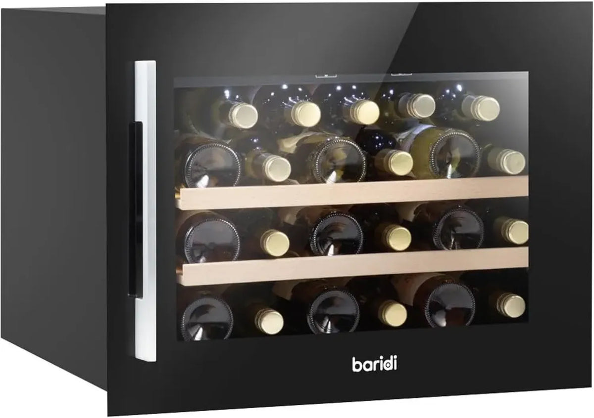 Weinkühlschrank mit 28 Flaschen Kapazität, 60 cm, Holzregale & LED-Beleuchtung, Schwarz