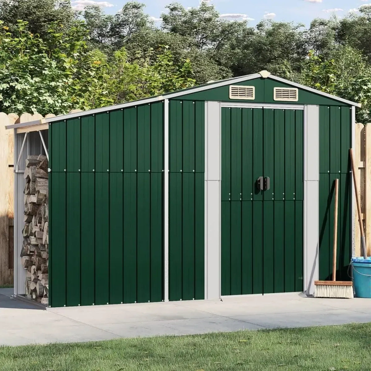SECOLI Metallgerätehaus mit Bodenplatte, Pultdach, XXL Gartenschuppen aus verzinktem Stahl, Grün, 277 x 93 x 179 cm