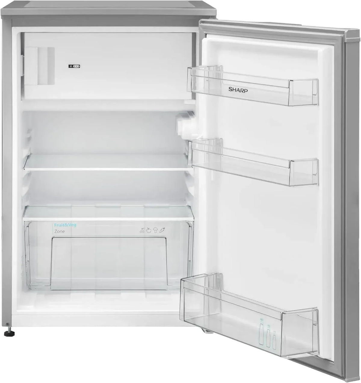SHARP 121L Kompaktkühlschrank mit Gefrierfach, stufenloser Temperaturregelung, LED-Beleuchtung, Silber