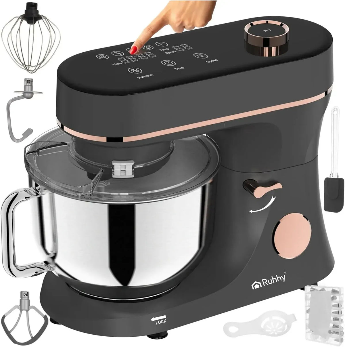Multifunktionale Küchenmaschine 6,2L mit Heizrührschüssel – 2000W Planetenrührer, 11 Geschwindigkeiten & Touchscreen – Ideal für Brot, Pizza, Kuchen (Schwarz-Gold)