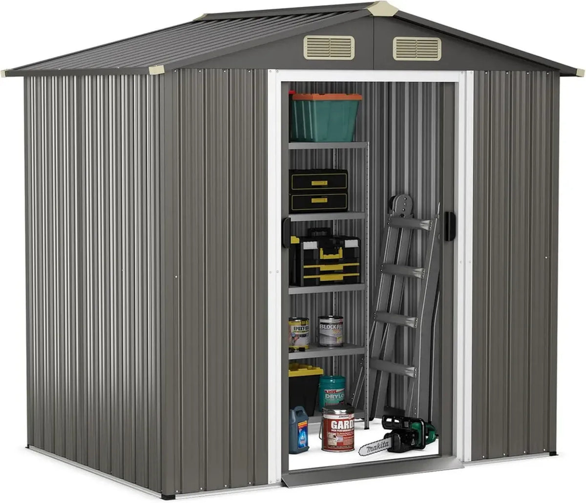 GOPLUS Metallgerätehaus mit Schiebetüren, 196x142x186cm, 3,68 m³, wetterfestes Gartenschuppen mit Lüftungsschlitzen und Pultdach