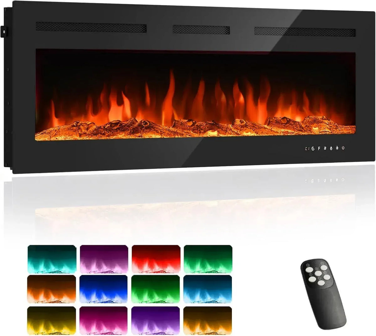 Elektrischer Kamin mit 3D-Flammeneffekt, 12 Farben, Fernbedienung & Timer, 900W/1800W, 50 Zoll
