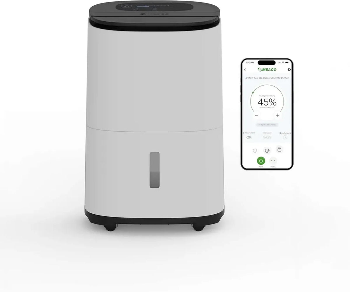 MeacoDry Arete® Two 12L Entfeuchter mit HEPA-H13 Filter, WLAN-App, Intelligente Feuchtigkeitskontrolle, Wäschetrocknung, Energiesparend, Flüsterbetrieb, 5 Jahre Garantie