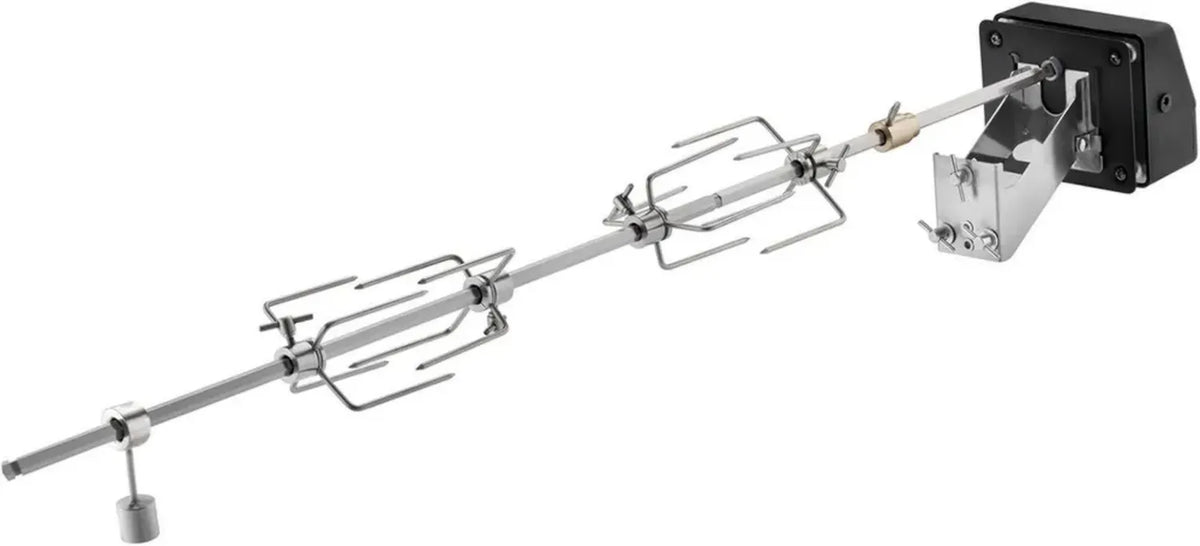 RÖSLE Rotisserie Drehspieß, robuster Grillspieß aus Edelstahl, geeignet für bis zu 10 kg, mit Elektromotor und Netzbetrieb, silber/schwarz
