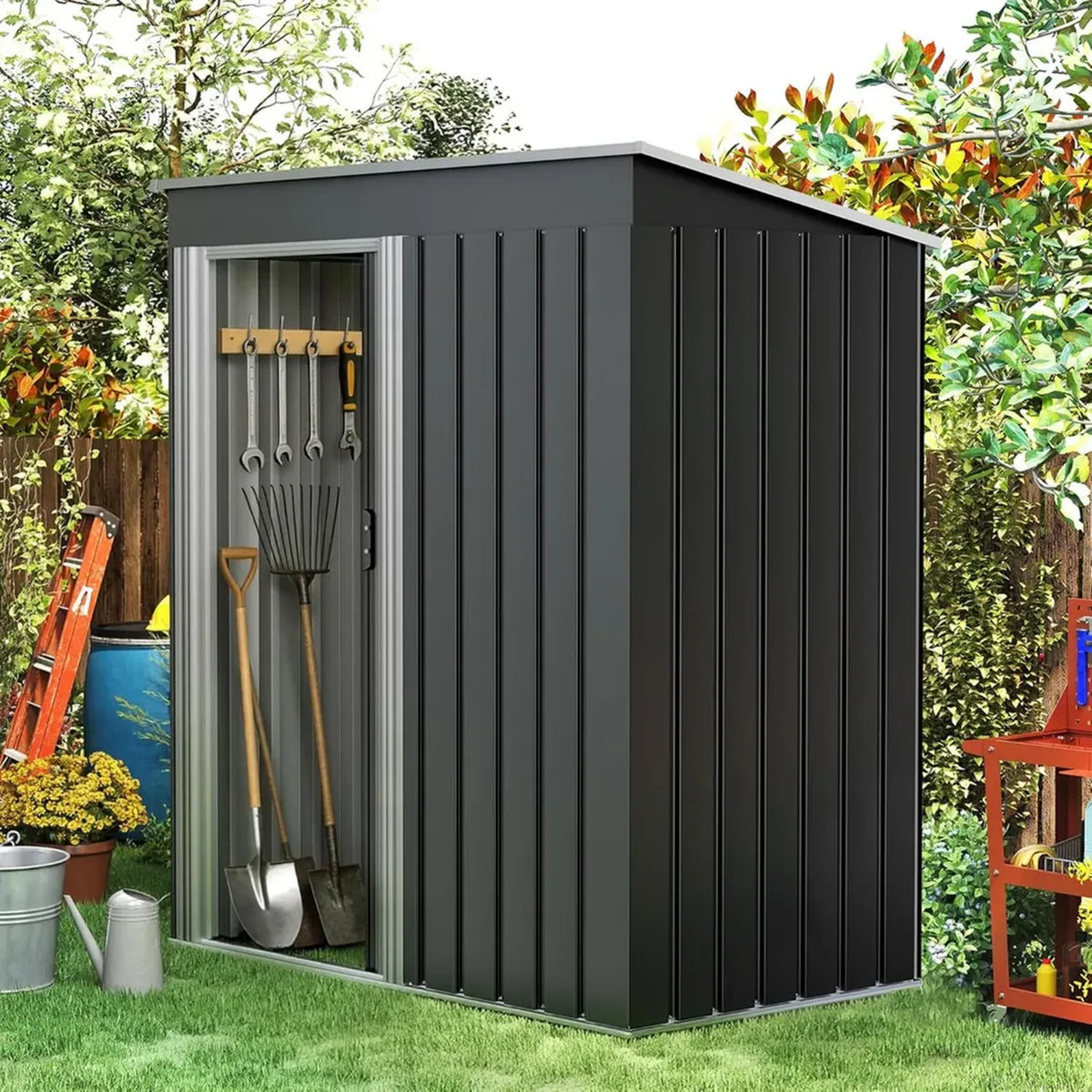 Metall-Geräteschuppen mit Schiebetür, 164x89x181cm, Rostfrei und Wasserdicht, Aus Verzinktem Stahl, Ideal für Garten, Wetterfest