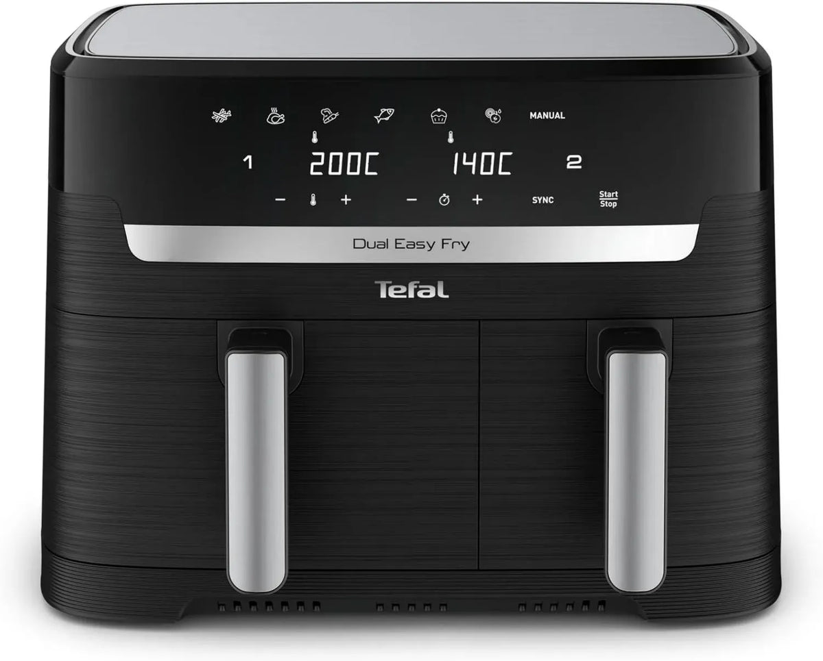 Tefal Easy Fry Doppelkamm-Heißluftfritteuse 8,3 L – 7 Programme, 2700 W, Extra-Crisp-Technologie, fettarme Zubereitung, energiesparend, spülmaschinengeeignet, Modell EY9018