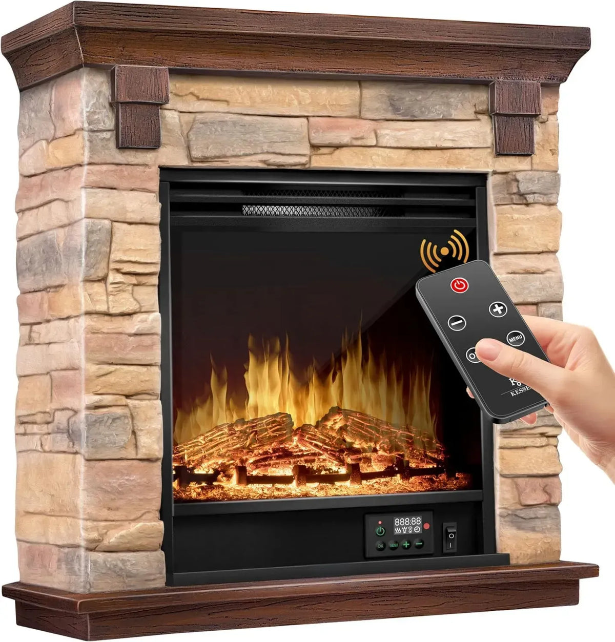 Elektrischer Standkamin mit 3D-Flammeneffekt und Fernbedienung - 1800W, Timer, Thermostat, Dimmbar, Natur/Braun
