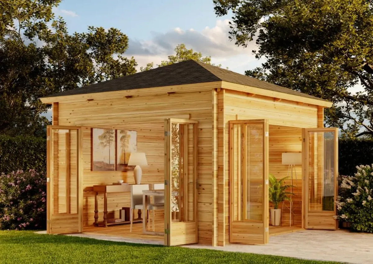 Holz-Gartenhaus Sunshine ISO mit großer Doppeltür, Braun, 40 mm Wandstärke
