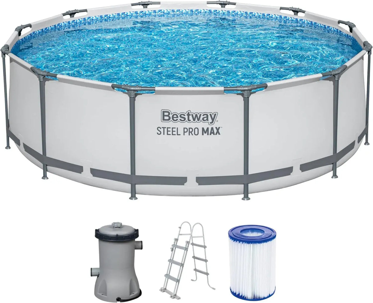 Bestway Stahlrahmen-Pool Set mit Filterpumpe, Ø 366 x 100 cm, Lichtgrau, Rund