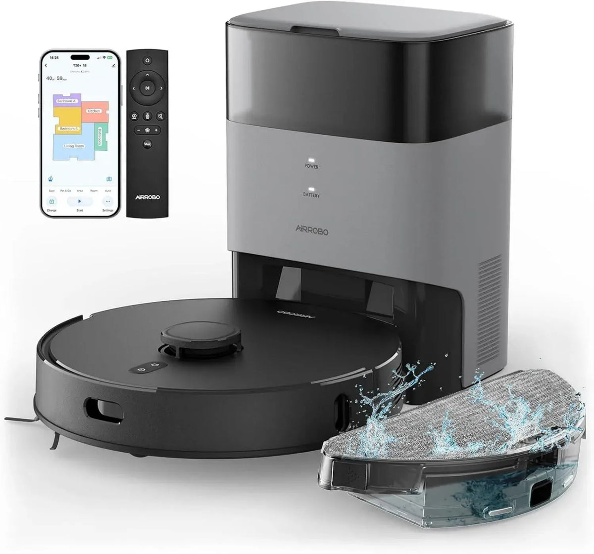 AIRROBO T20+ Roboter-Staubsauger mit Wischfunktion, 3.5L Absaugstation, 180 Minuten Laufzeit, LiDAR Navigation, starke Saugleistung für Teppiche und Tierhaare, APP-Steuerung