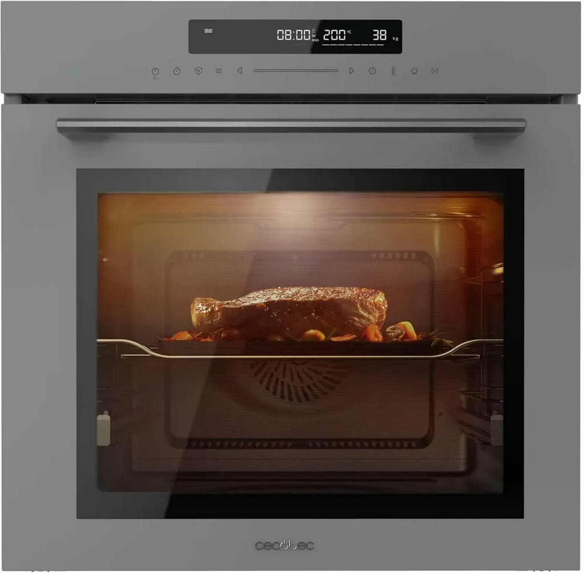 Cecotec Einbau-Backofen 60 cm, Glas Grau, A+, 2900 W, 72 l, 12 Programme inkl. Steak- und Pizza-Modus, Dampfunterstützung, EasyClean, Eco und Auftaumodus
