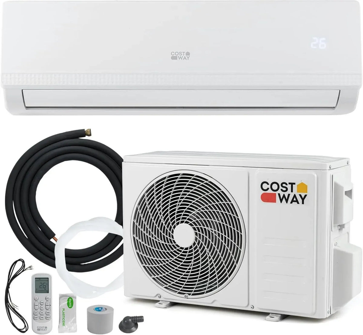 COSTWAY Split-Klimaanlage 9000 BTU mit Heizfunktion, 2,6 kW, leises Wandgerät inkl. Kupferleitung und R32 Kältemittel, ideal für Räume bis 42m³